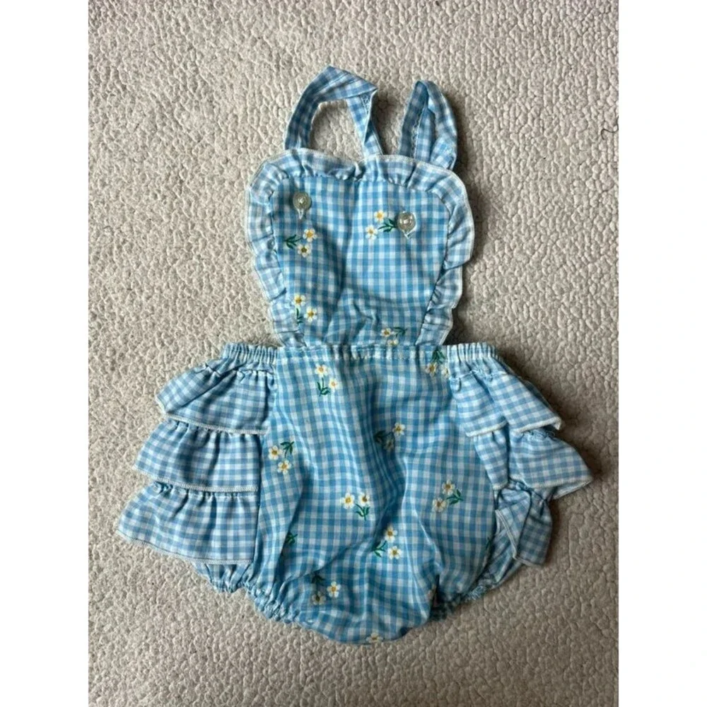 Vintage Stones Wear Blue & White Gingham Baby Girl Bubble Romper Daisy’s 12 Mo
